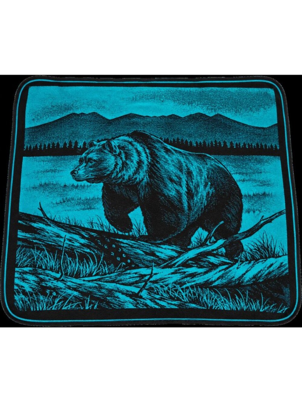 Vintage 70's San Marcos Grizzly Bear Turquoise Black Acrylic Queen Size Blanket,